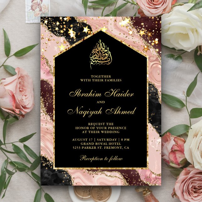Invitation Mariage musulman en marbre noir rose vif (Créateur téléchargé)