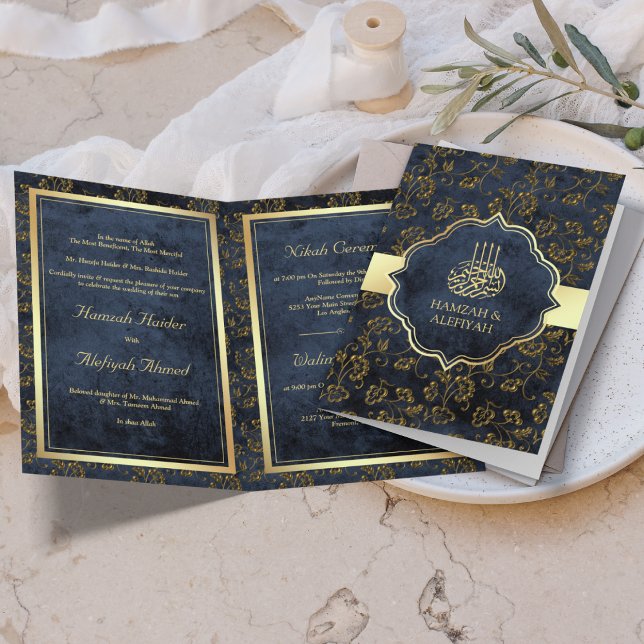 Invitation Mariage Musulman Filigrane Bleu Marine Or Rustique (Créateur téléchargé)