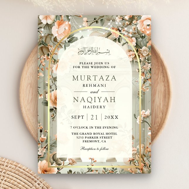Invitation Mariage Musulman Fleur Florale Vert Sauge Rustique (Front)