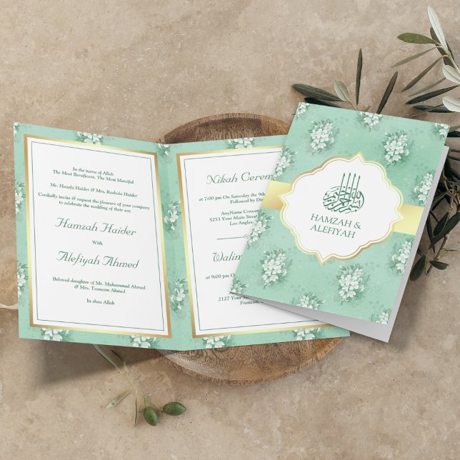 Invitation Mariage Musulman Floral Blanc et Vert Menthe Rusti (Créateur téléchargé)