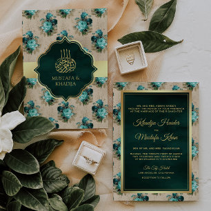 Invitation Mariage Musulman Floral Bleu Aqua et Vert Émeraude