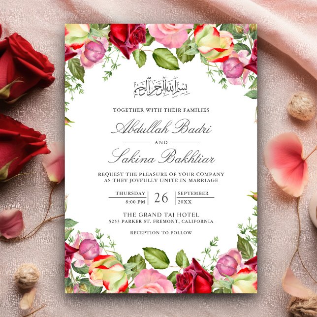 Invitation Mariage Musulman Floral Roses Rouges et Roses (Créateur téléchargé)