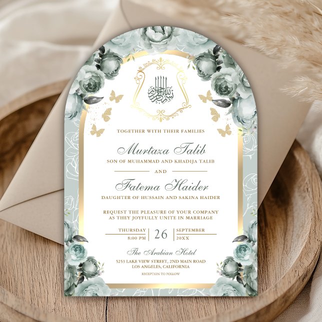 Invitation Mariage Musulman Floral Vert Sauge Arc d'Or (Créateur téléchargé)