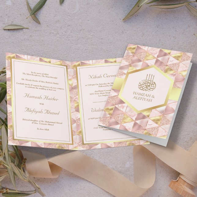 Invitation Mariage Musulman Hexagone Géométrique Rose Moderne (Créateur téléchargé)
