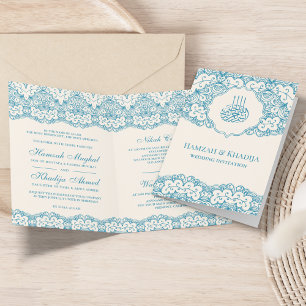 Invitation Mariage Musulman Islamique à Dentelle Crème et Ble