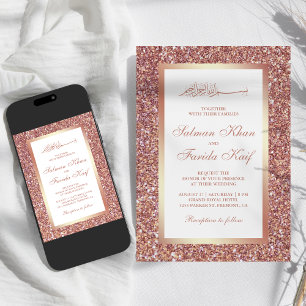 Invitation Mariage Musulman Islamique Blanc Paillettes Or Ros