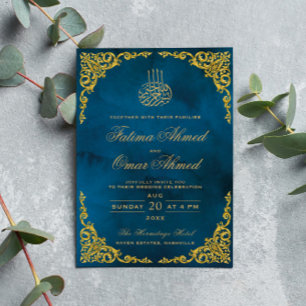 Invitation Mariage musulman islamique bleu avec une bordure d