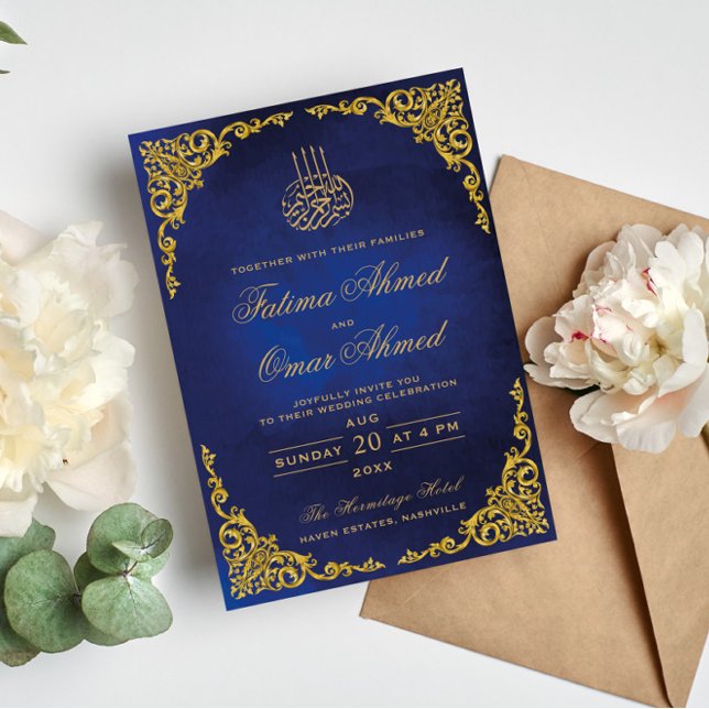 Invitation Mariage musulman islamique bleu avec une bordure d (Créateur téléchargé)