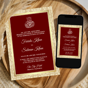 Invitation Mariage Musulman Islamique Damassé Crème Rouge