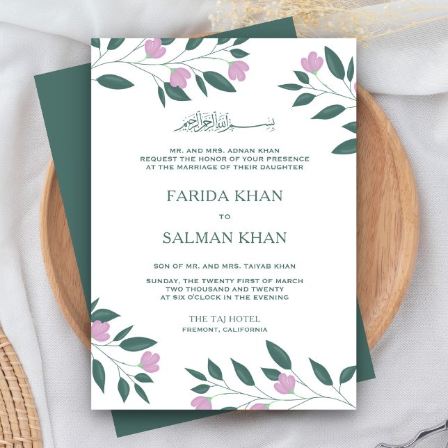Invitation Mariage musulman islamique de branche verte rose e (Créateur téléchargé)