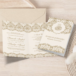 Invitation Mariage musulman islamique de dentelle crème et or