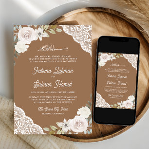 Invitation Mariage Musulman Islamique Dentelle Roses Blanches