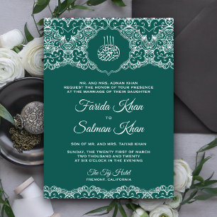 Invitation Mariage Musulman Islamique Dentelle Sarcelle et Bl