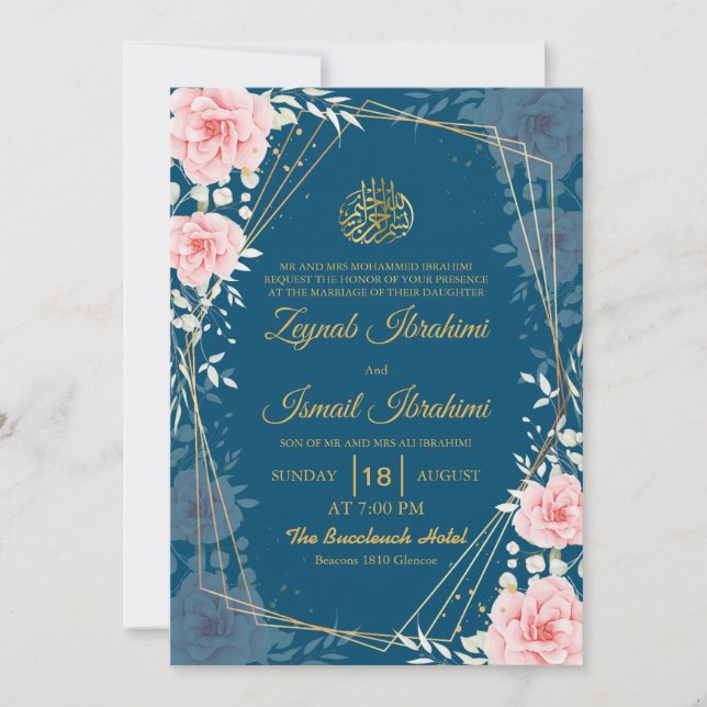 Invitation Mariage musulman islamique élégant floral bleu or (Devant)