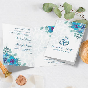 Invitation Mariage Musulman Islamique Floral Bleu Océan Moder