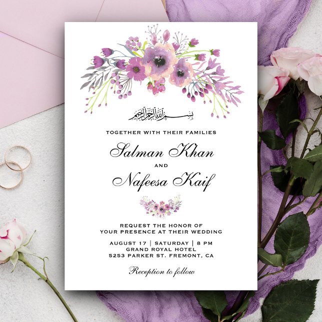 Invitation Mariage Musulman Islamique Floral Violet Rustique (Créateur téléchargé)
