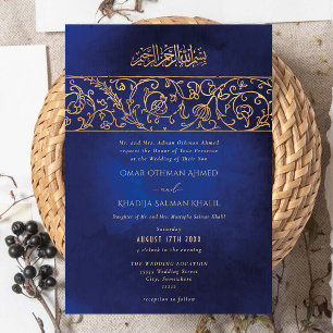 Invitation Mariage musulman islamique luxueux floral or bleu