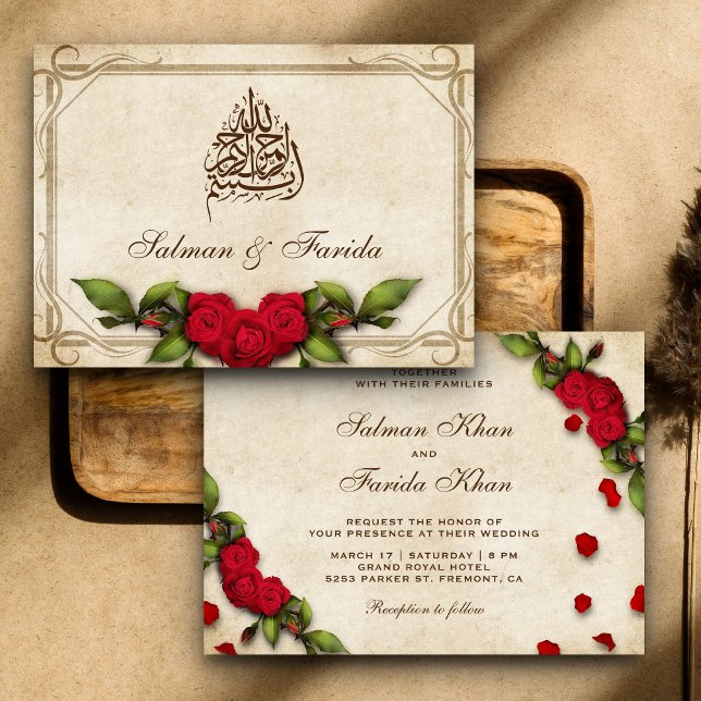 Invitation Mariage Musulman Islamique Roses Rouges Rustiques  (Créateur téléchargé)