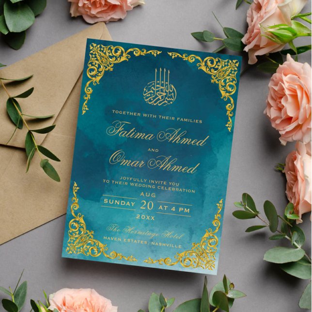 Invitation Mariage musulman islamique turquoise chic bordure  (Créateur téléchargé)
