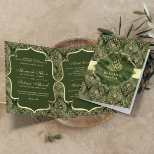 Invitation Mariage Musulman Islamique Vert Chasseur Damassé O