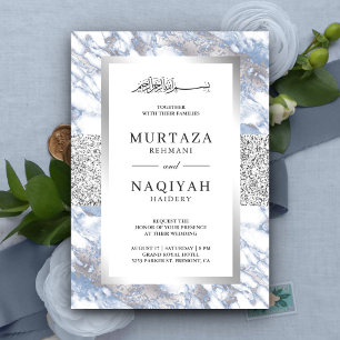 Invitation Mariage Musulman Marbre Bleu Doux Feuille d'Argent