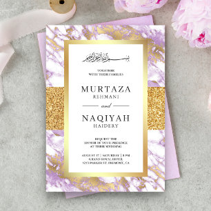 Invitation Mariage Musulman Marbre Lavande Pastel Paillettes 