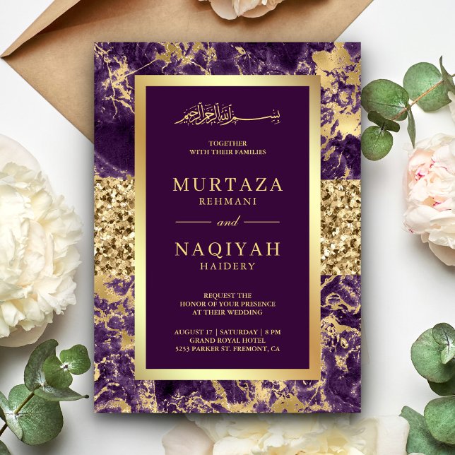 Invitation Mariage Musulman Marbre Violet Pailleté Or (Créateur téléchargé)