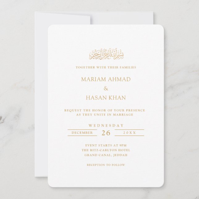 Invitation Mariage Musulman Moderne Formel Minimal Or Script (Devant)