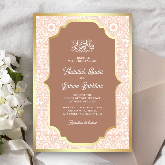 Invitation Mariage Musulman Motif Arabesque Or Caramel Bohème (Créateur téléchargé)
