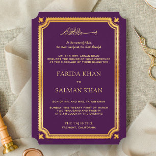 Invitation Mariage musulman musulman traditionnel d'or violet