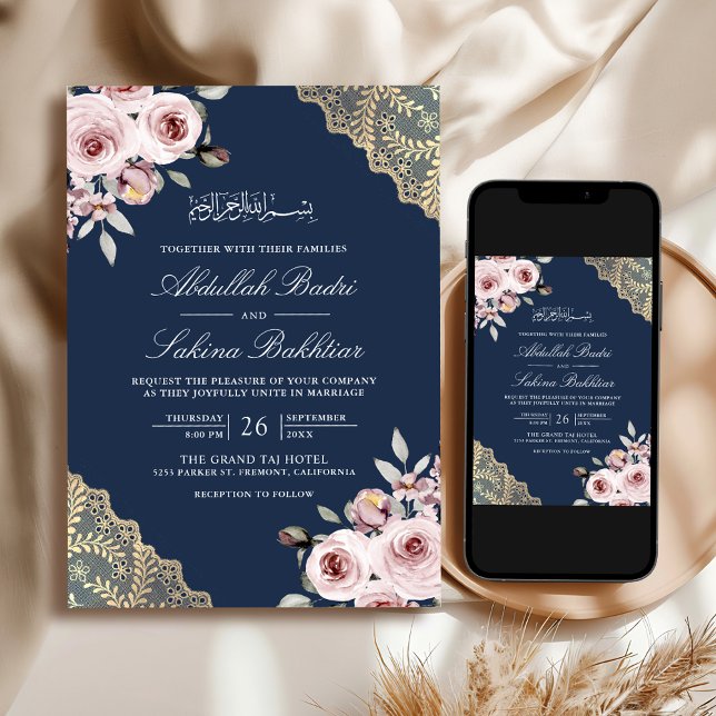Invitation Mariage musulman Navy Code QR Broderie en Or Rose  (Créateur téléchargé)