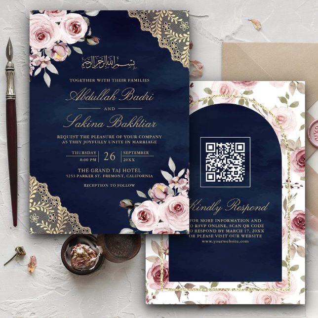Invitation Mariage Musulman Navy Code QR Lace Or Roses Poussi (Créateur téléchargé)