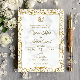 Invitation Mariage musulman Nikah en marbre blanc et dentelle
