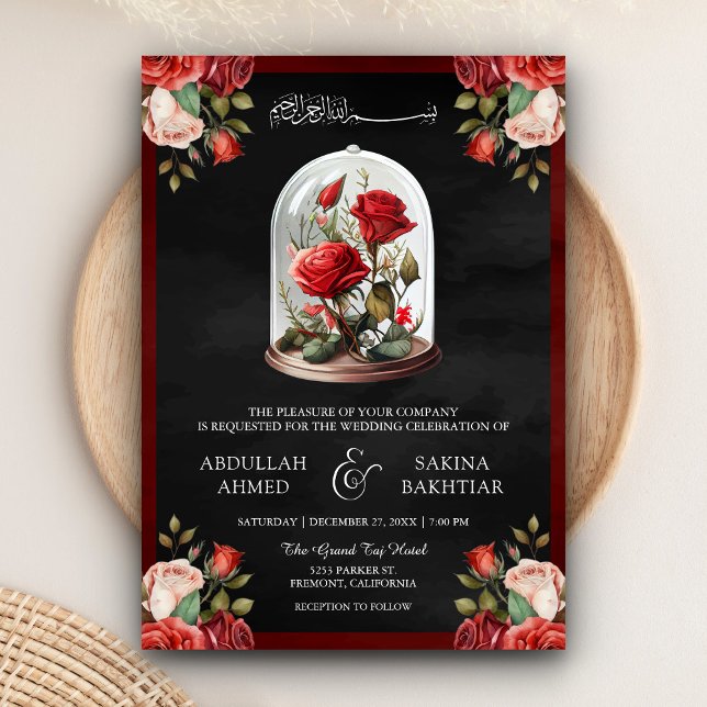 Invitation Mariage Musulman Noir Code QR Rose Rouge sous Dôme (Créateur téléchargé)