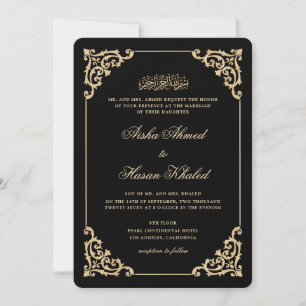 Invitation Mariage Musulman Noir Écriture Dorée Baroque Vinta