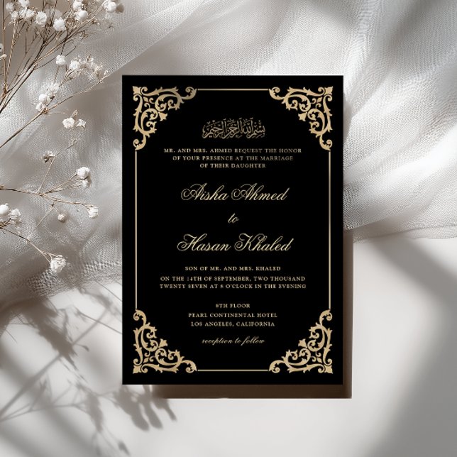 Invitation Mariage Musulman Noir Écriture Dorée Baroque Vinta (Créateur téléchargé)