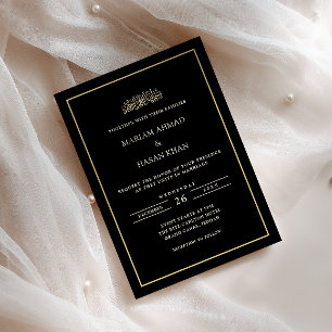 Invitation Mariage Musulman Noir Minimaliste Cadre Or