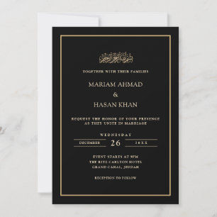 Invitation Mariage Musulman Noir Minimaliste Cadre Or