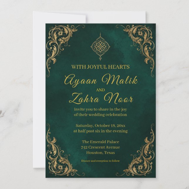 Invitation Mariage Musulman Or Vert Émeraude (Devant)