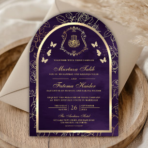 Invitation Mariage Musulman Papillon Or Violet Foncé Arche