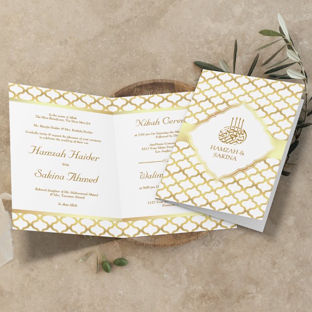 Invitation Mariage Musulman Quatrefeuilles Blanc et Or Maroca (Créateur téléchargé)