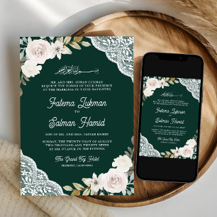 Invitation Mariage Musulman Roses Blanches Dentelle Vert Emer