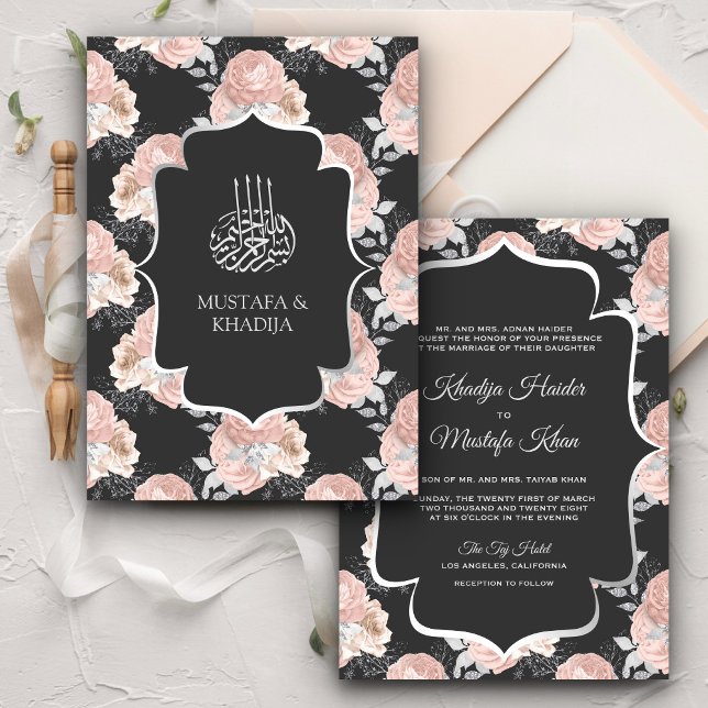 Invitation Mariage Musulman Roses Gris Rustique et Rose Blush (Créateur téléchargé)