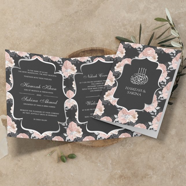 Invitation Mariage Musulman Roses Gris Rustique et Rose Blush (Créateur téléchargé)