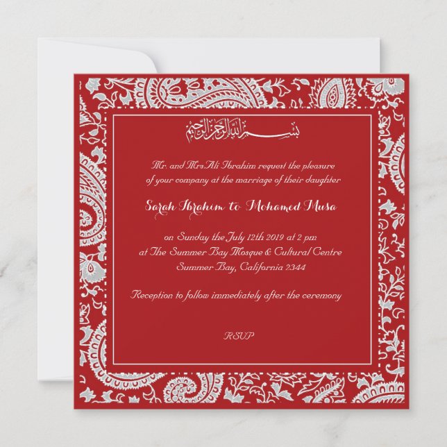 Invitation Mariage musulman rouge et blanc de Paisley (Devant)