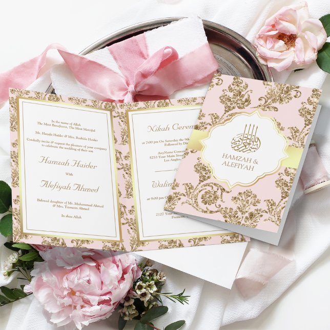 Invitation Mariage Musulman Rustique Rose Pâle Or Filigrane (Créateur téléchargé)