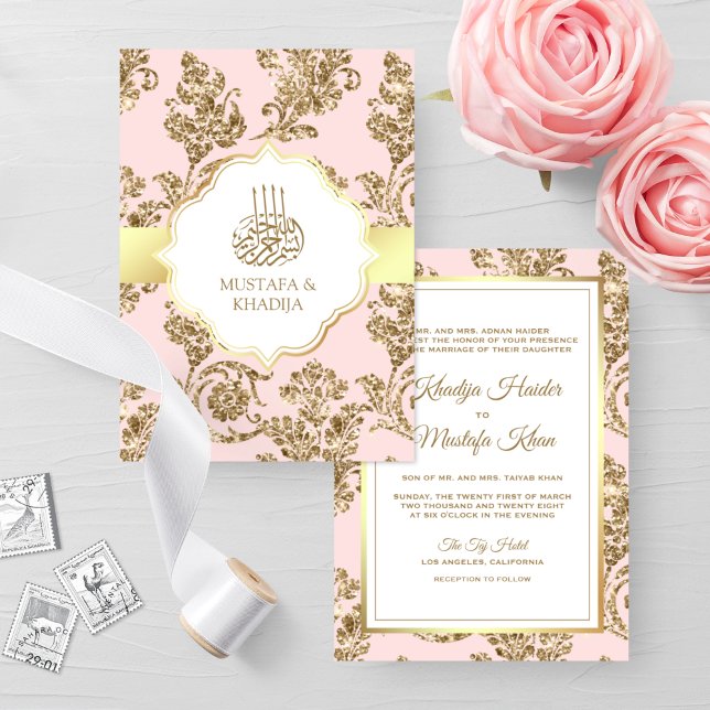 Invitation Mariage Musulman Rustique Rose Pâle Or Filigrane (Créateur téléchargé)