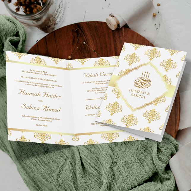 Invitation Mariage Musulman sur Fond Damassé Blanc et Or (Créateur téléchargé)