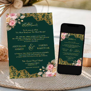 Invitation Mariage Musulman Vert Émeraude Broderie Dorée Fleu
