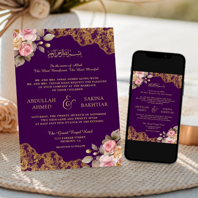 Invitation Mariage Musulman Violet Dentelle Dorée Fleur Rose (Créateur téléchargé)